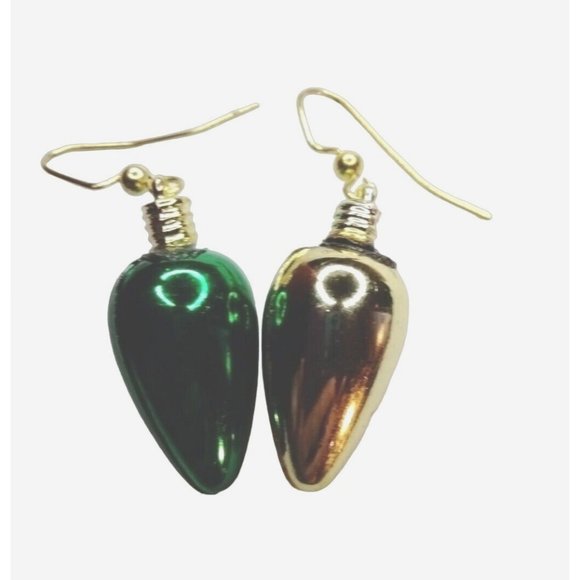 Green Gold Christmas Tree Light Bulb Earrings Hook Drop Dangle - Picture 1 of 3